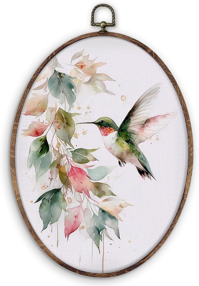 DILSJ Hummingbird Botanical Oval Wall Art Decor, Farmhouse Green Hummingbird by DILSJ