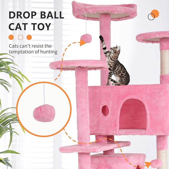BestPet | 54" Cat Tree Tower | Pink | Sturdy, Hanging Cat Toys, Observation - Image 3