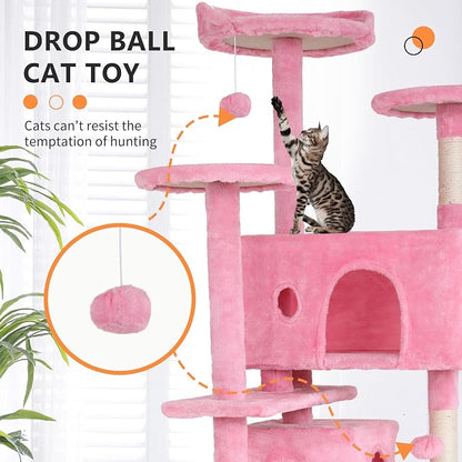 BestPet | 54" Cat Tree Tower | Pink | Sturdy, Hanging Cat Toys, Observation - Image 3