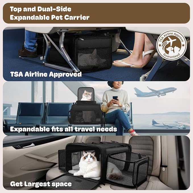 Top and 2 Sides Expandable Cat Carrier 18x13.5x9.5, TSA Airline Approved Dog - Image 2