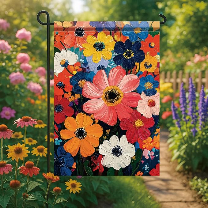 Garden Flag Colorful Flower Field Oil Painting Style Yard Welcome Banner Double - Image 3