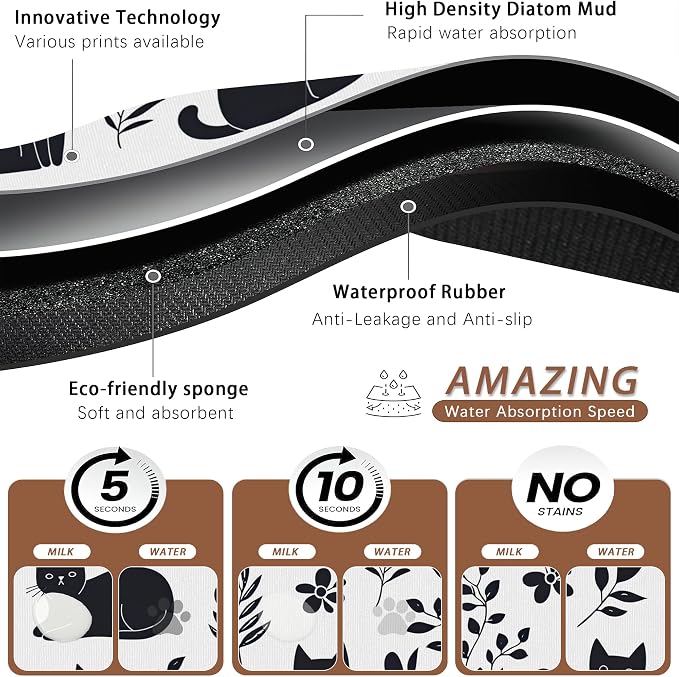 Cute Black Flower Dog Cat Food Mat, Absorbent Pet Feeding Mat - Image 3