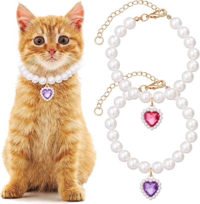 2pcs Cat Dog Pearl Collar, Small Heart Shape Rhinestone Pet Necklace, by Unknown