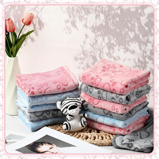Tegeme 12 Pcs Pet Blankets Soft Fluffy Fleece Dog Cat Warm Paw Print Pattern - Image 4