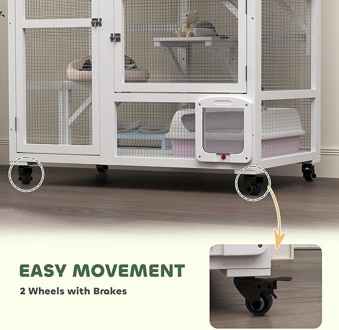 PawHut Indoor Wooden Catio, Cat House Cat Enclosure on Wheels - Image 4