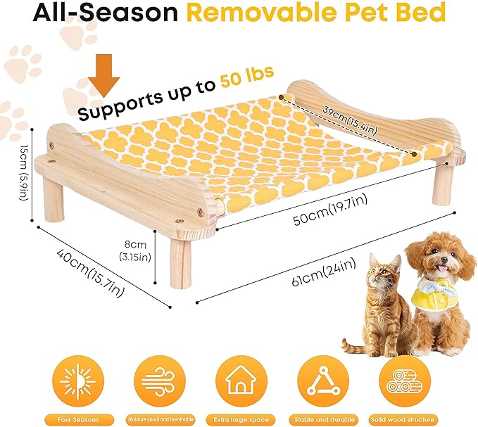 Elevated Wooden Cat Bed – 24"x15.7"x5.9" Breathable Hammock Pet Bed - Image 2