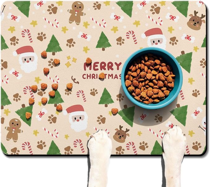 Christmas Dog Food & Water Mat, Paw Prints Santa Claus Snowman Xmas Pet Feeding - Image 7