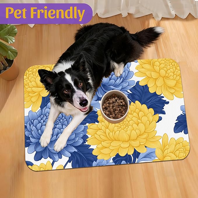 Blue Yellow Flowers Pet Feeding Mat, Quick Dry Absorbent Water Bowl Mat - Image 7