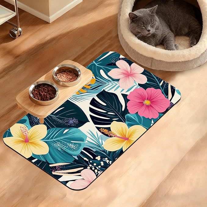 Tropical Palm Dog Food Mat, Exotic Leaves Floral Absorbent Pet Feeding Mat by Unknown