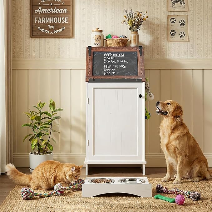 Dog Food Feeding Station with Storage, Pet Food Storage Cabinet with Bowls and by Furnvvio