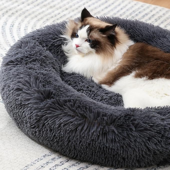 Calming Donut Cat Bed Dog Bed Round Plush Pet Cushion Fluffy Rabbit Cave Warm - Image 2