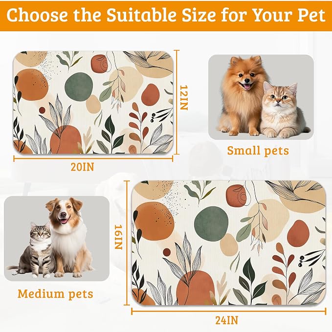 Boho Dog Cat Food Mat, Abstract Leaves Absorbent Waterproof Placemat - Image 6