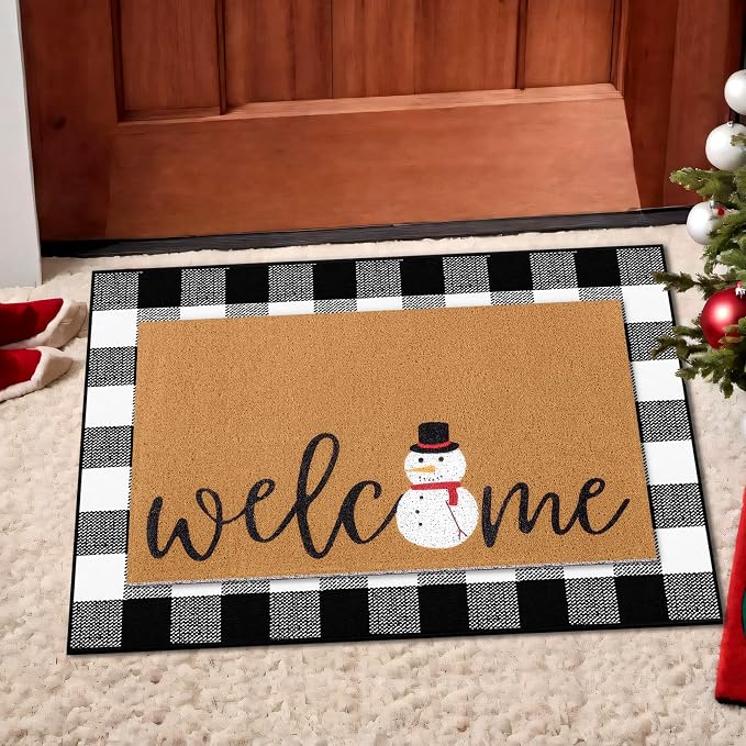 Tinideya 2 Pcs Winter Door Mat Snowman Welcome Non Slip Coir Mats Snow Black - Image 7