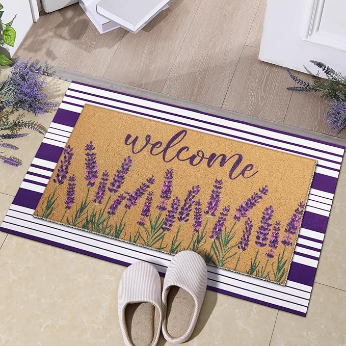 Tinideya 2 Pcs Lavender Door Mat Purple and White Stripe Welcome Non Slip Coir - Image 3