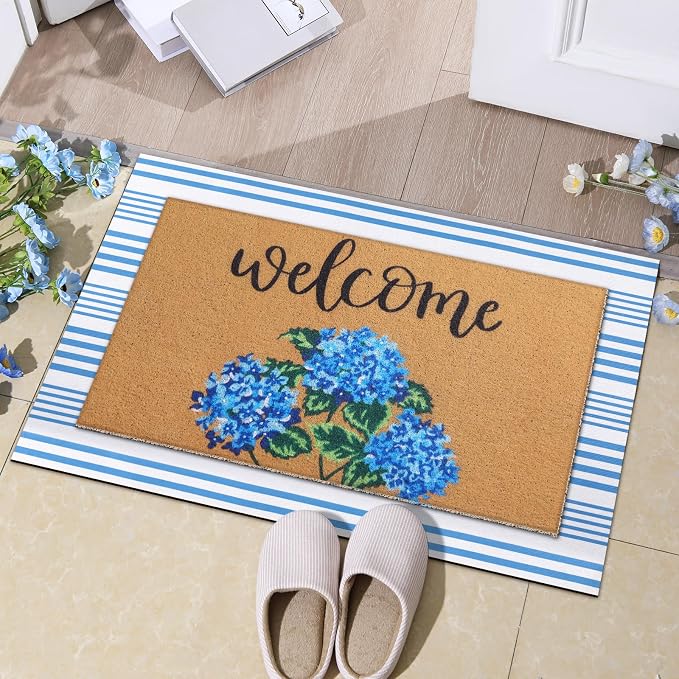 Tinideya 2 Pcs Hydrangea Door Mat Blue and White Stripe Welcome Non Slip Flower - Image 3