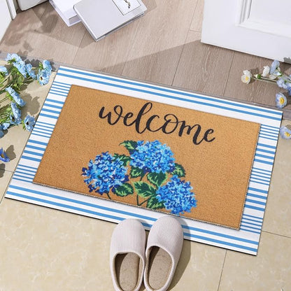 Tinideya 2 Pcs Hydrangea Door Mat Blue and White Stripe Welcome Non Slip Flower - Image 3