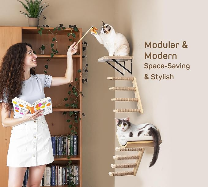 Cat Wall Shelf with Curved Hammock Bed, Wall Mounted Cat Perch with Beige Soft - Image 4