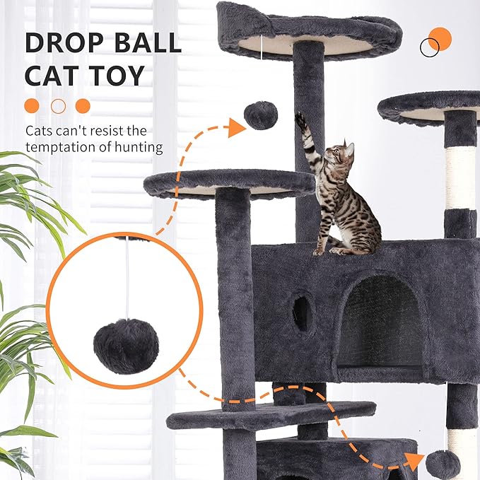 BestPet | 54" Cat Tree Tower | Ashy | Sturdy, Hanging Cat Toys, Observation - Image 3