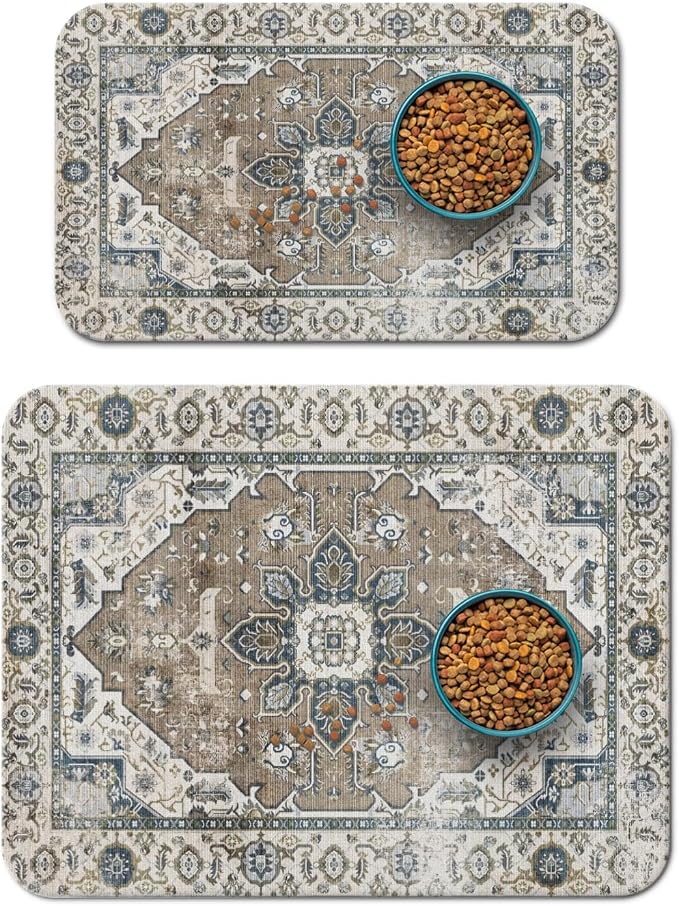 2 Pack Dog Food Mats for Floors, Absorbent and Quick-Drying Pet Cat Food Mat by QXWREL