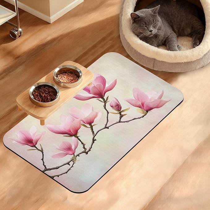 Pink Magnolia Feeding Mat, Vintage Flowers Absorbent Quick-Dry Cat Dog Food and by Unknown
