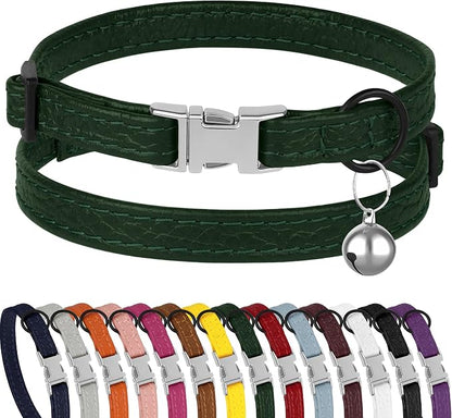 Leather Cat Collar with Buckle and Removable Bell by BUDKAS