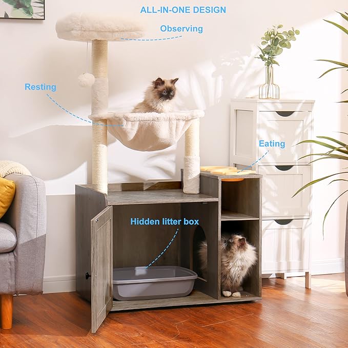 Hey-brother Cat Tree with XL Litter Box Enclosure, All-in-one Cat Tower - Image 2