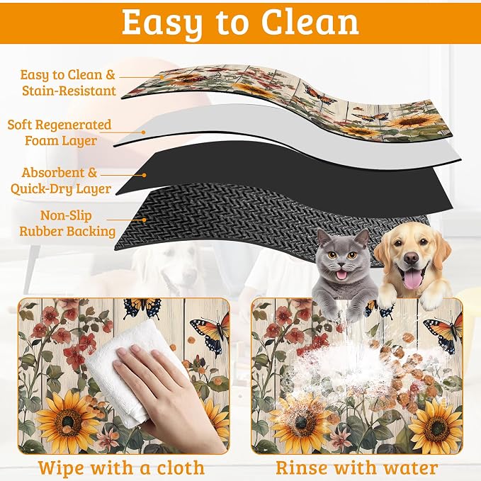 Pet Feeding Mat, Vintage Flower Absorbent Dog Cat Food Mat Rustic Wooden Dog Mat - Image 5