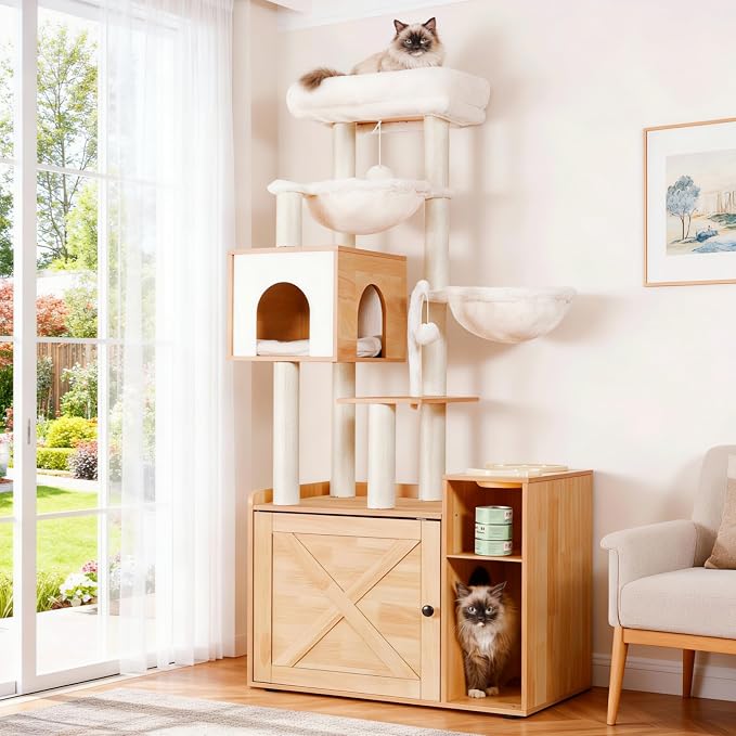 Hey-brother Cat Tree with Litter Box Enclosure, Modern Cat Tower by Hey-brother
