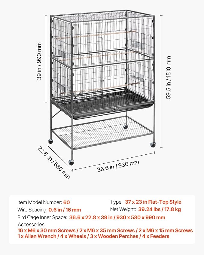 VEVOR Bird Cage, 36.6 x 22.8 x 59.5 inch, Flat Top, Wrought Iron Bird Flight - Image 7