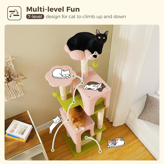 Flower Cat Tree, 62-Inch Tall Multi-Level Cat Tower - Image 4