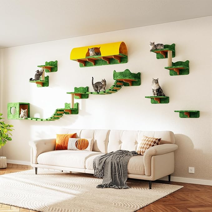16-in-1 Cat Wall Shelves, Wall Mounted Cats Furniture Set w/Plush Fabric - Image 7