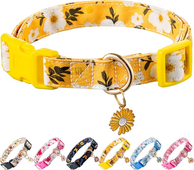 Cotton Dog Collar Yellow Flower Pattern by Raisingwell