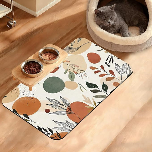 Boho Dog Cat Food Mat, Abstract Leaves Absorbent Waterproof Placemat by Unknown