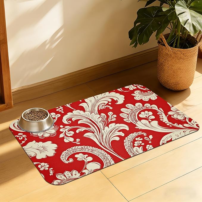 Red White Paisley Pet Food Mat, Absorbent Feeding Pad by QSOQSO