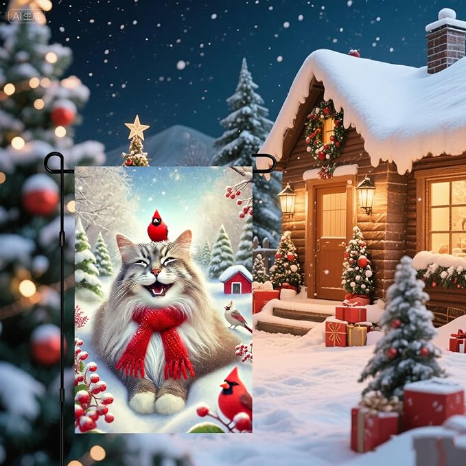 Christmas Garden Flag Cute Cat Red Cardinal Winter Snow Scene Outdoor Yard Flag - Image 7