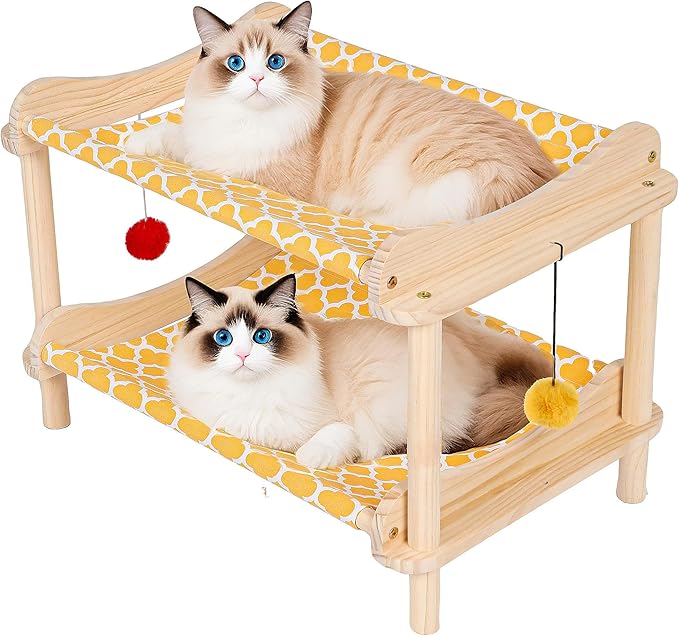 2-Layer Cat Hammock Bed, Breathable Washable Covers, Wooden Pet Furniture by MITREL
