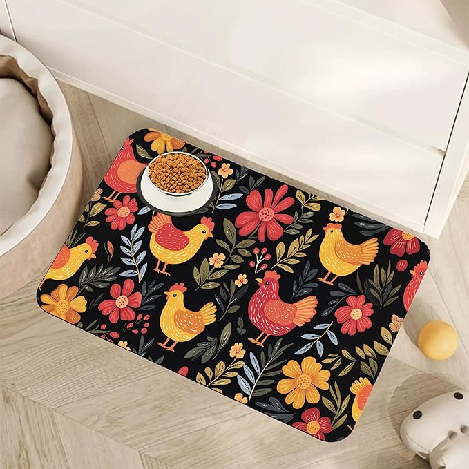 Chicken Rooster Hen Flower Meadow Dog Cat Food Mat, Absorbent Pet Feeding Mat by Unknown