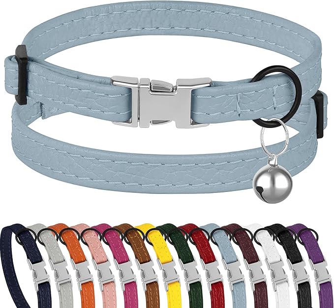 Leather Cat Collar with Buckle and Removable Bell by BUDKAS