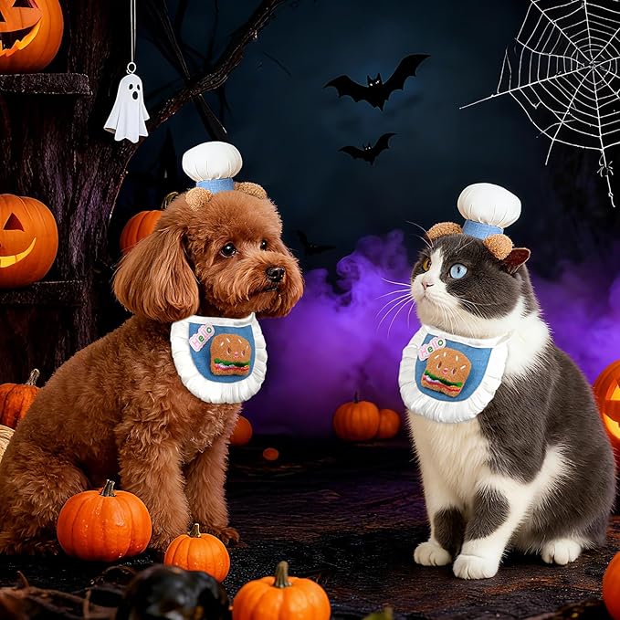 HOWWFALY Cat Halloween Costumes Pet Chef Hat &Hamburger Bib Costume Set - Image 5