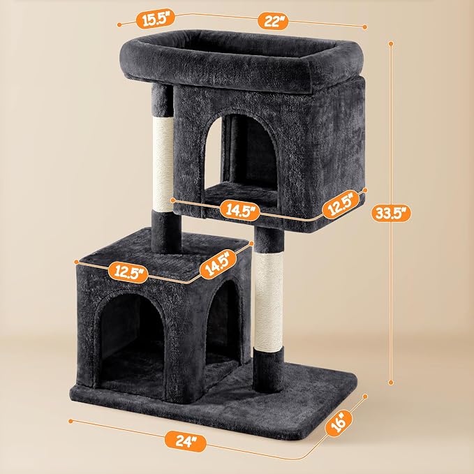 Yaheetech 33.5in Cat Tree, Small Kittens Tower w/Large Perch&2 Cozy Condos - Image 3