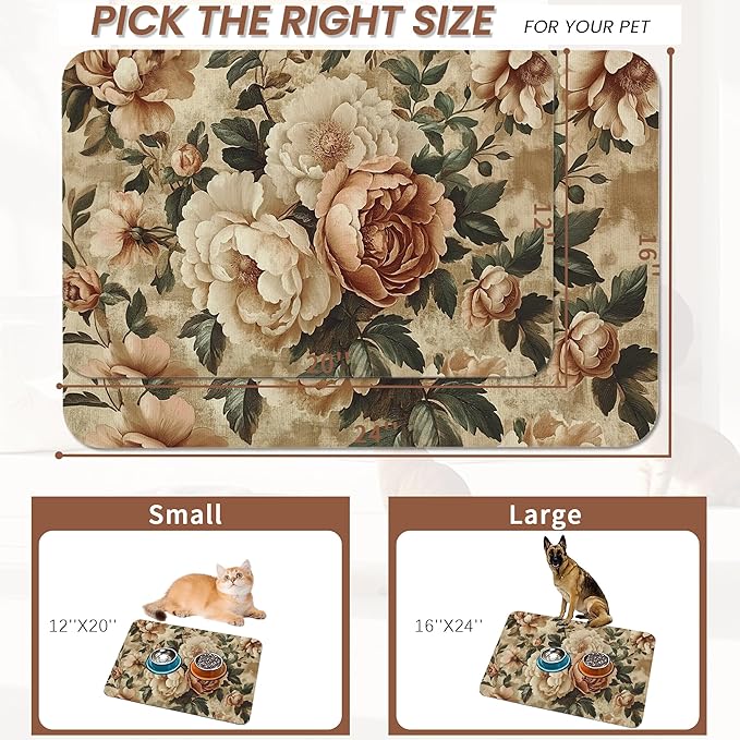 Roses Peonies Pet Feeding Mat, Vintage Luxury Shabby Chic Flower Absorbent - Image 2