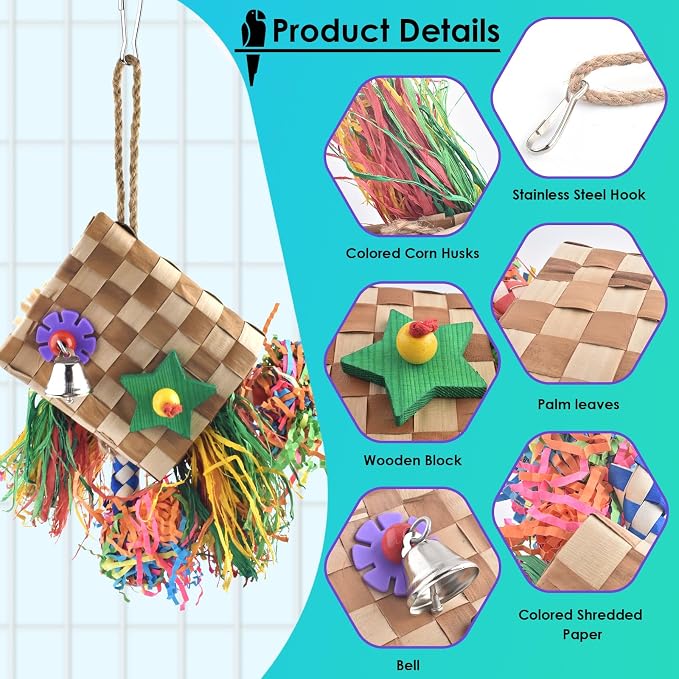 Bissap Bird Chew Toys, Parrot Foraging Shredder Natural Palm Frond Hanging Cage - Image 3
