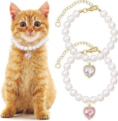 2pcs Cat Dog Pearl Collar, Small Heart Shape Rhinestone Pet Necklace, by Unknown