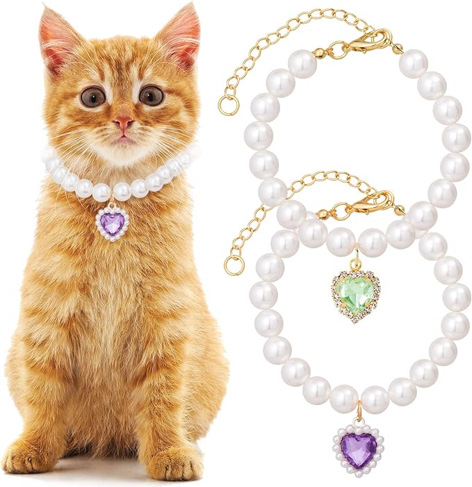 2pcs Cat Pearl Collar with Heart Pendant, Cute Pearl Pet Necklace in Small by Unknown