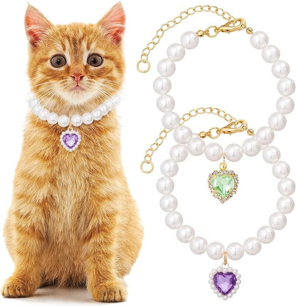 2pcs Cat Pearl Collar with Heart Pendant, Cute Pearl Pet Necklace in Small by Unknown