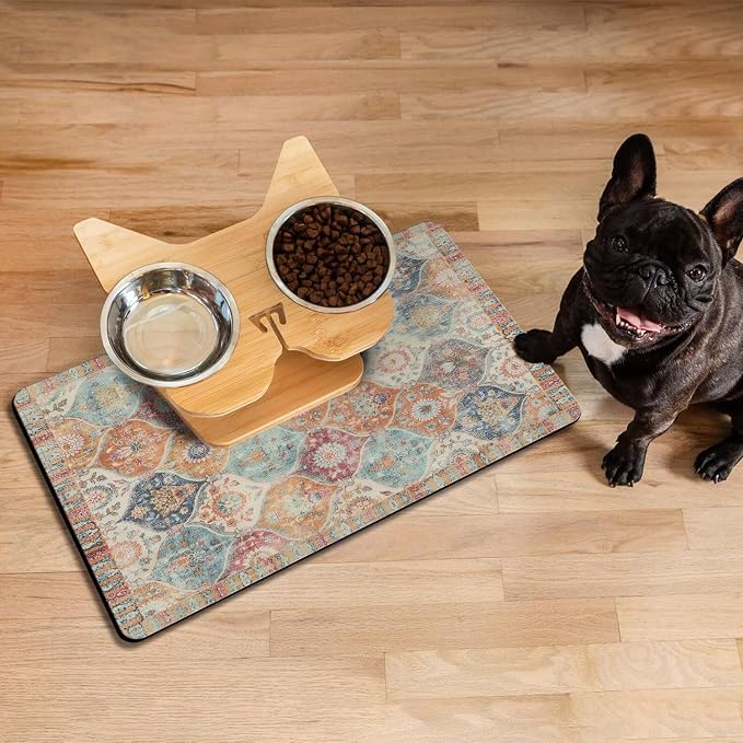 Moroccan Trellis Dog Food & Water Mat, Mexican Talavera Boho Colorful Pet - Image 3