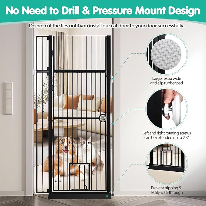 71" Extra Tall Pet Gate with Cat Door, No Drill Pressure Mounted Auto-Close - Image 3