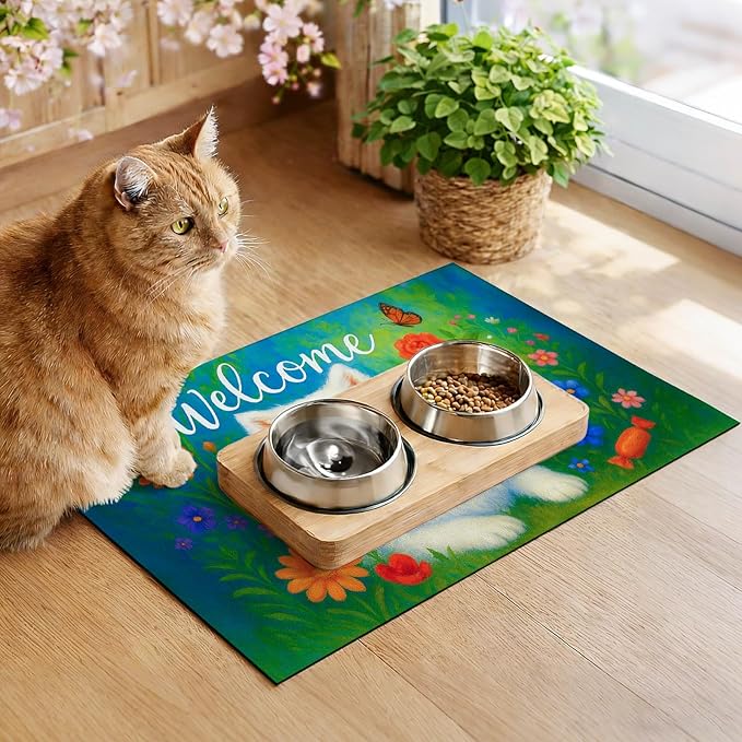 Welcome Spring Pet Feeding Mat 24" x 16"White Dog Floral Design Non Slip Cat - Image 4