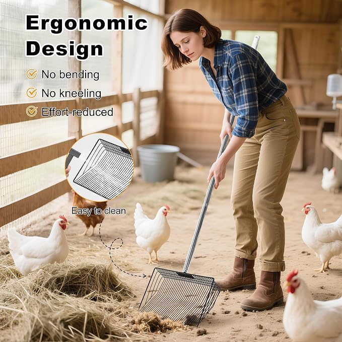 Chicken Poop Scooper & Rake 2-in-1, 304 Stainless Steel Shovel Head, Chicken - Image 5