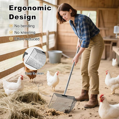 Chicken Poop Scooper & Rake 2-in-1, 304 Stainless Steel Shovel Head, Chicken - Image 5